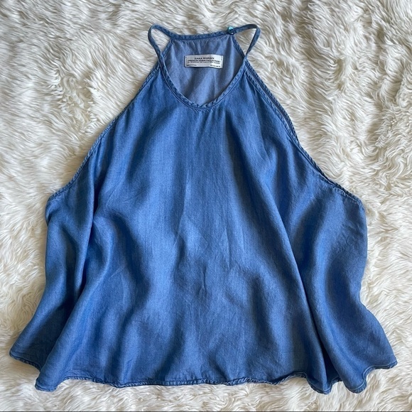 Zara Tank Top Premium Denim Collection Chambray Halter Cropped Flowy Blue S - Picture 3 of 8